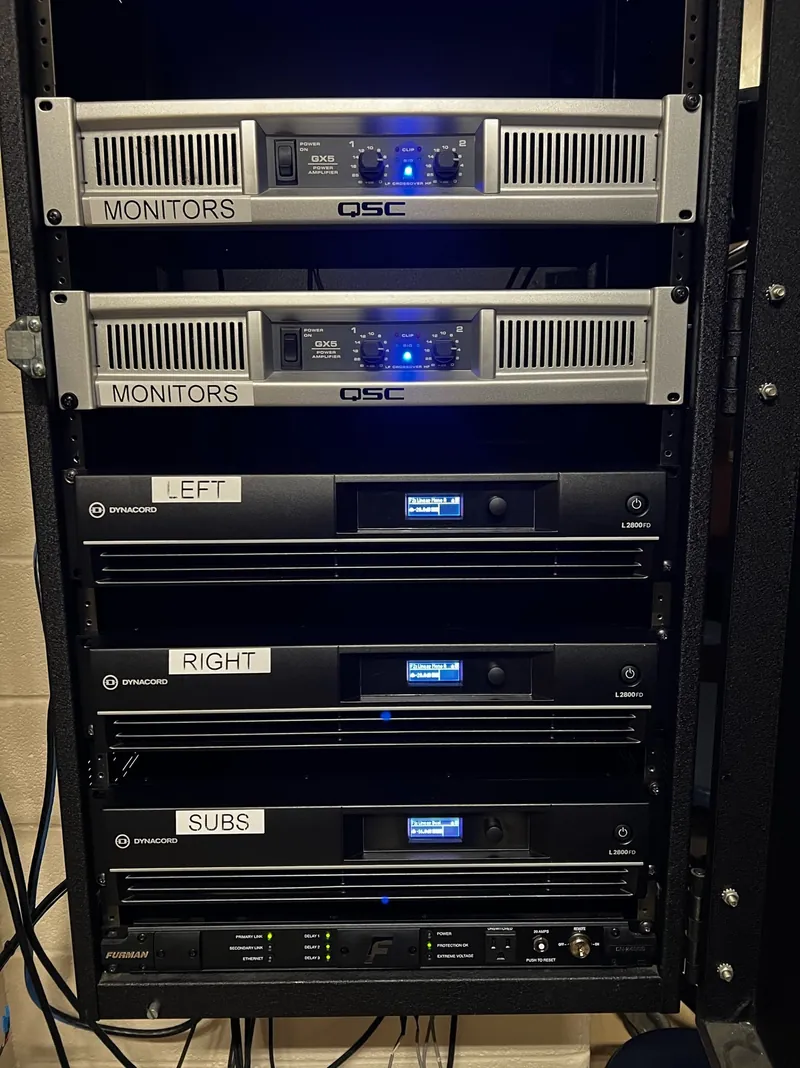 Rack-mounted processors and amplifiers supporting a church TOA speaker system