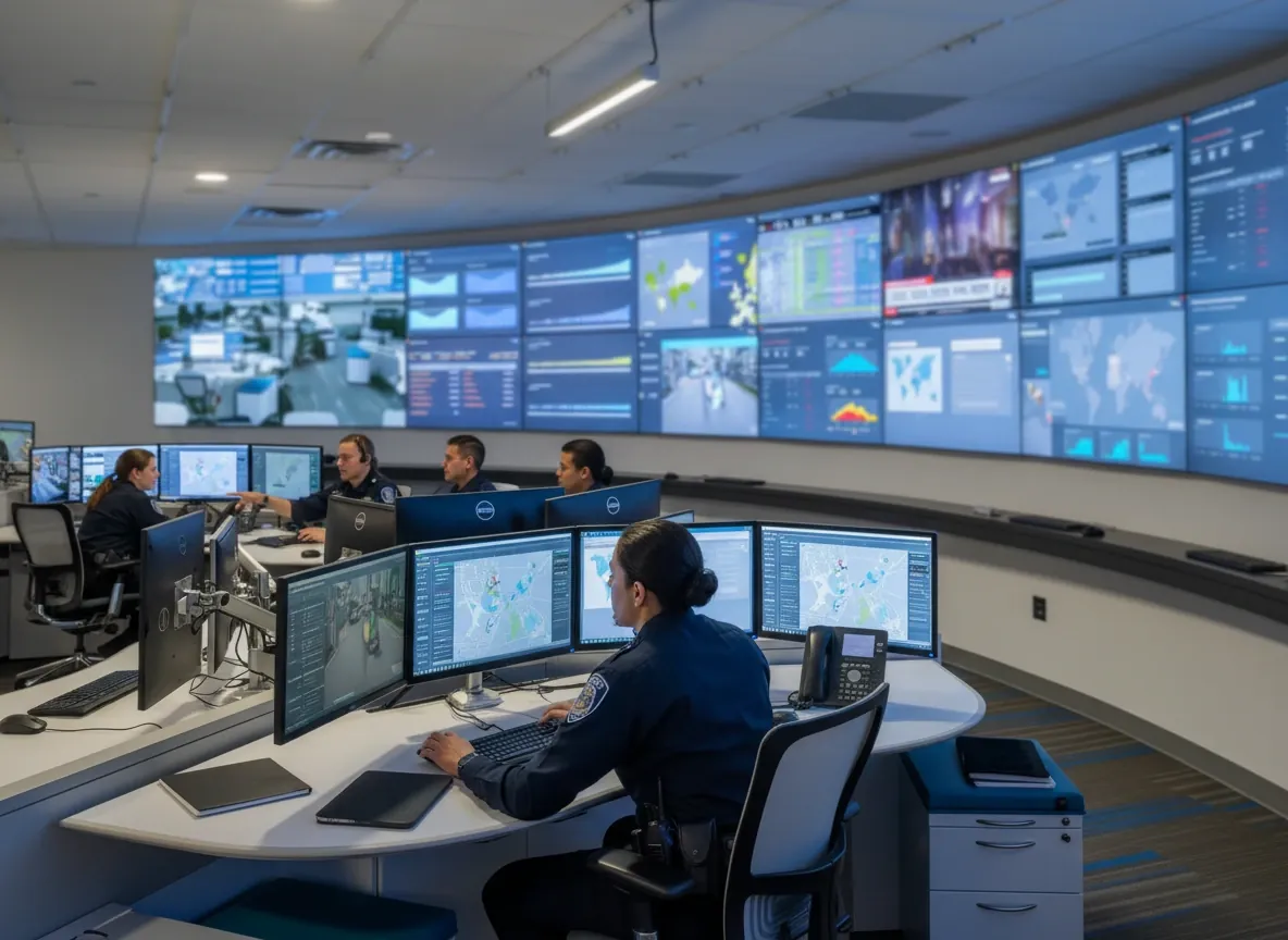 Illustration of uniformed operators at multi-monitor workstations facing a curved video wall in a real-time crime center