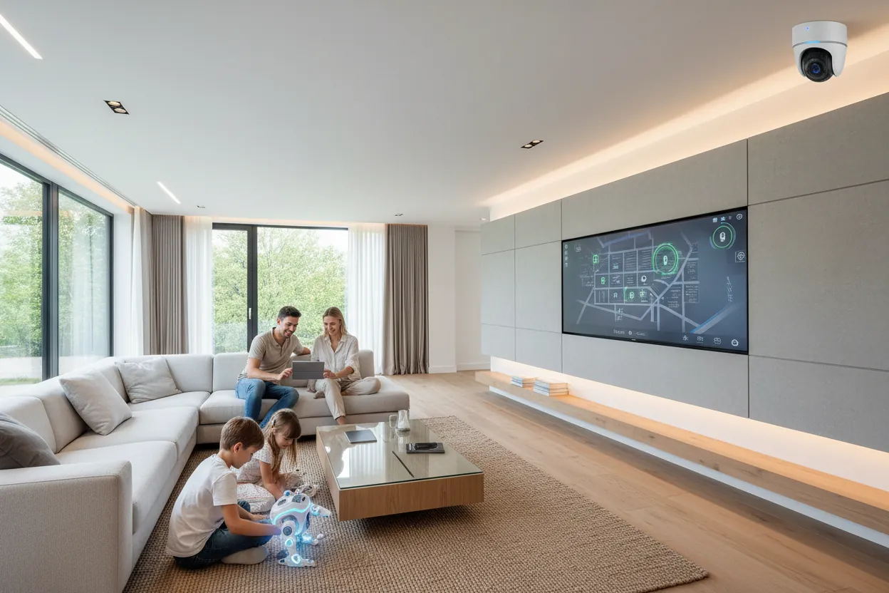 Illustration of a family in a modern living room with a wall-mounted display and a ceiling dome camera